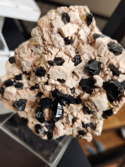 Black Quartz in pink feldspar with epidote